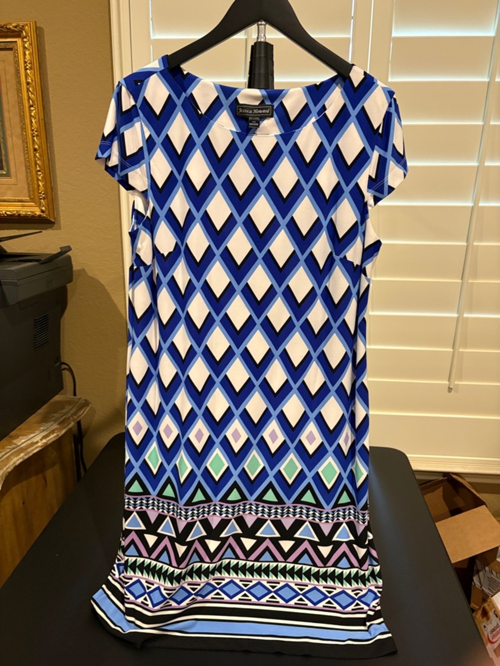 Jessica Howard Blue and White Geometric Midi Dress